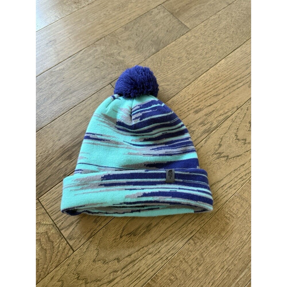 North Face Blue Striped Youth Ski Tuke Beanie w/ Pom Medium EUC Fits Adults